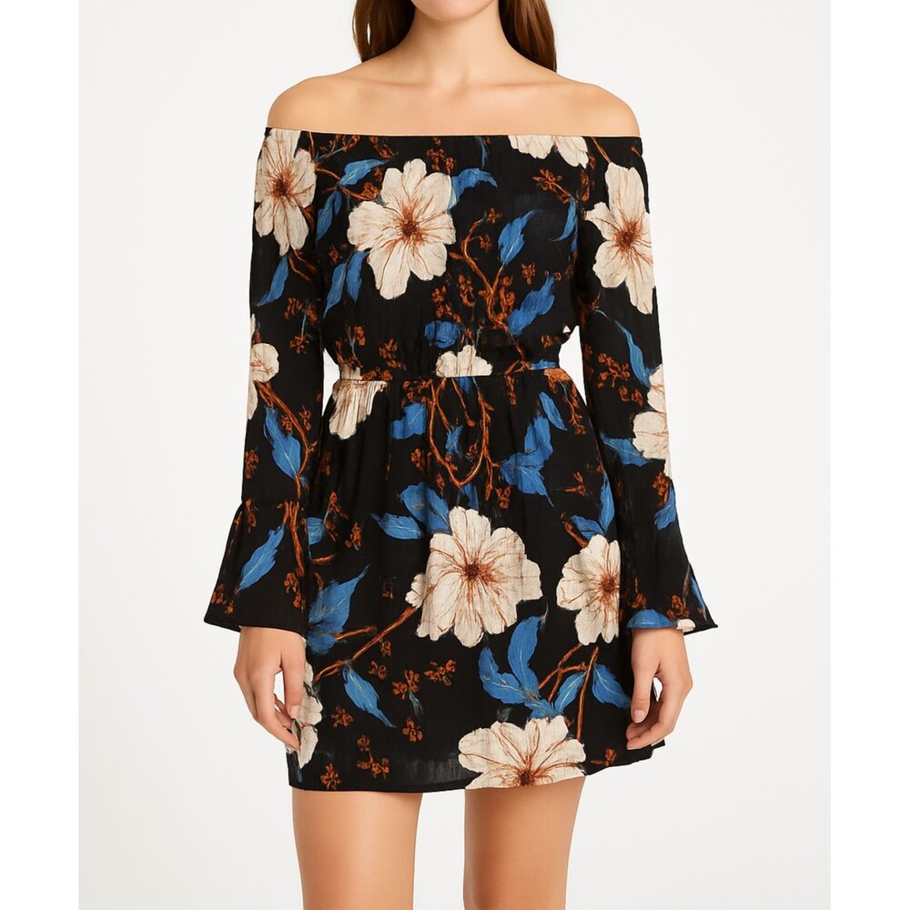 Billabong Floral‎ Off Shoulder Dress Women’s XS Black Blue Orange Boho Mini